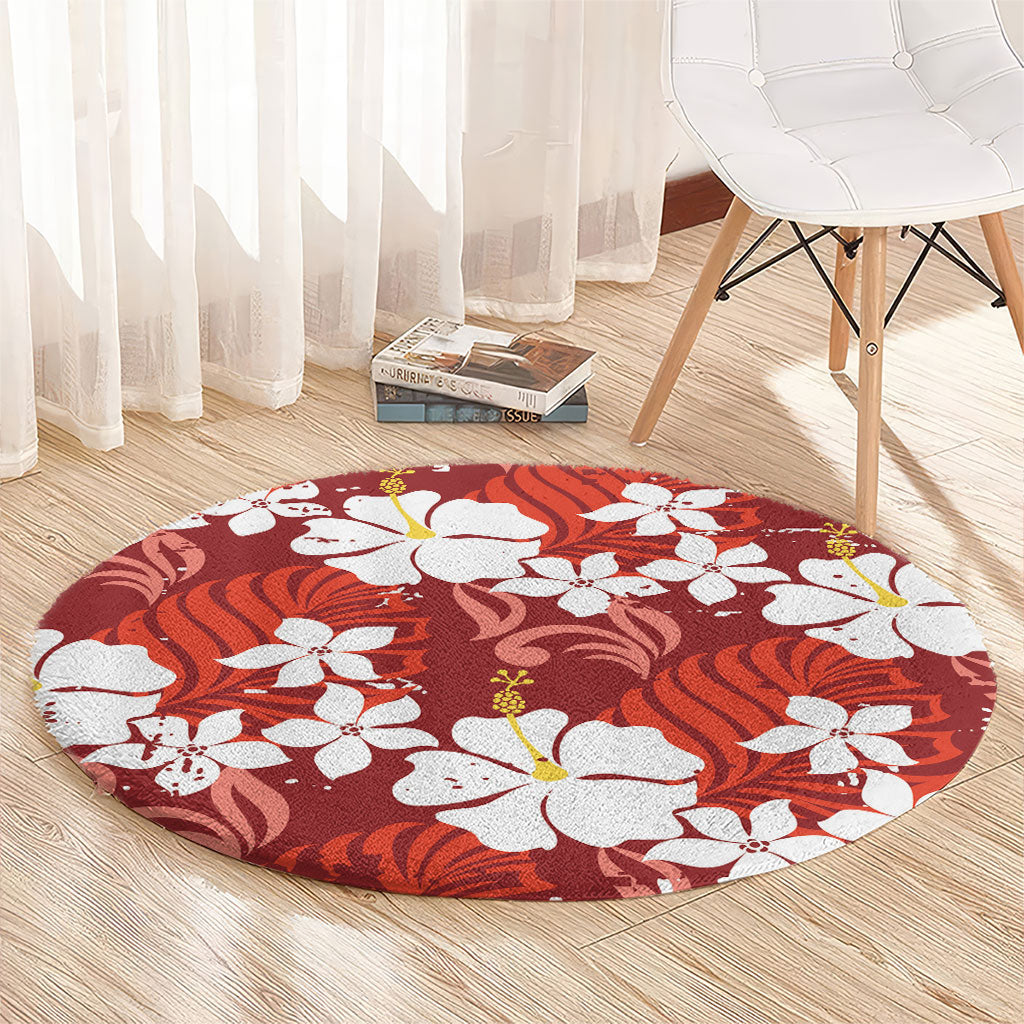 Red Hawaiian Hibiscus Monstera Round Carpet Grunge Stylized LT01 - Polynesian Pride