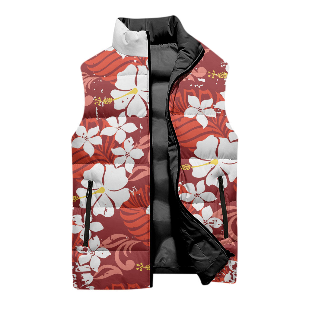 Red Hawaiian Hibiscus Monstera Sleeveless Puffer Jacket Grunge Stylized LT01 - Polynesian Pride