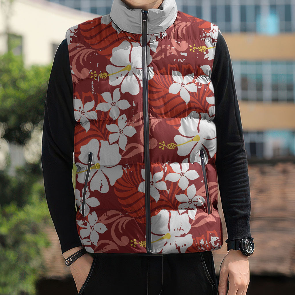 Red Hawaiian Hibiscus Monstera Sleeveless Puffer Jacket Grunge Stylized LT01 - Polynesian Pride