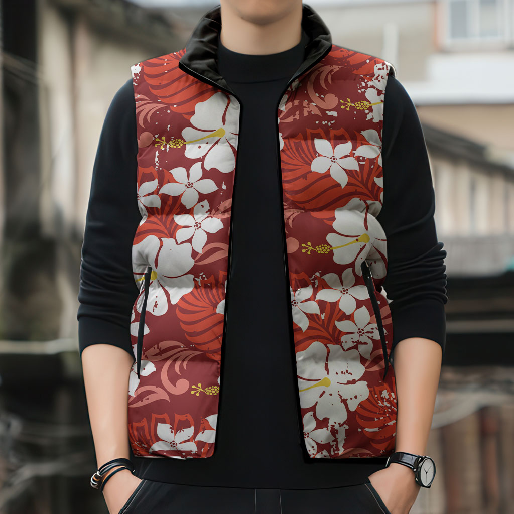 Red Hawaiian Hibiscus Monstera Sleeveless Puffer Jacket Grunge Stylized LT01 - Polynesian Pride