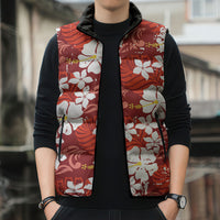 Red Hawaiian Hibiscus Monstera Sleeveless Puffer Jacket Grunge Stylized LT01 - Polynesian Pride