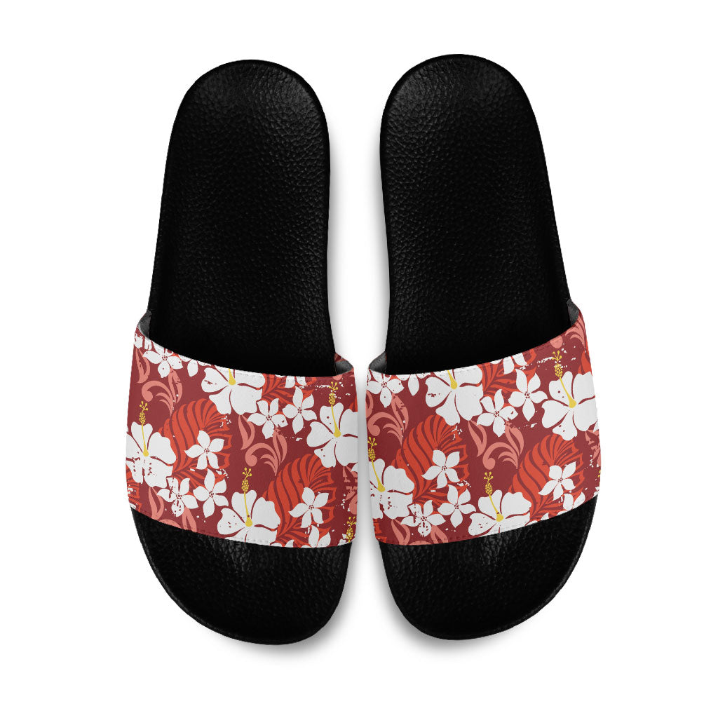 Red Hawaiian Hibiscus Monstera Slide Sandals Grunge Stylized LT01 Red - Polynesian Pride