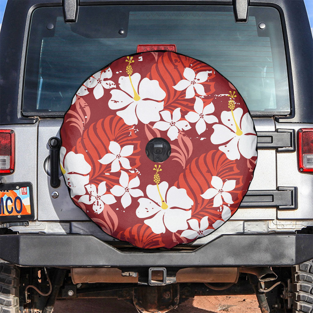 Red Hawaiian Hibiscus Monstera Spare Tire Cover Grunge Stylized LT01 Red - Polynesian Pride