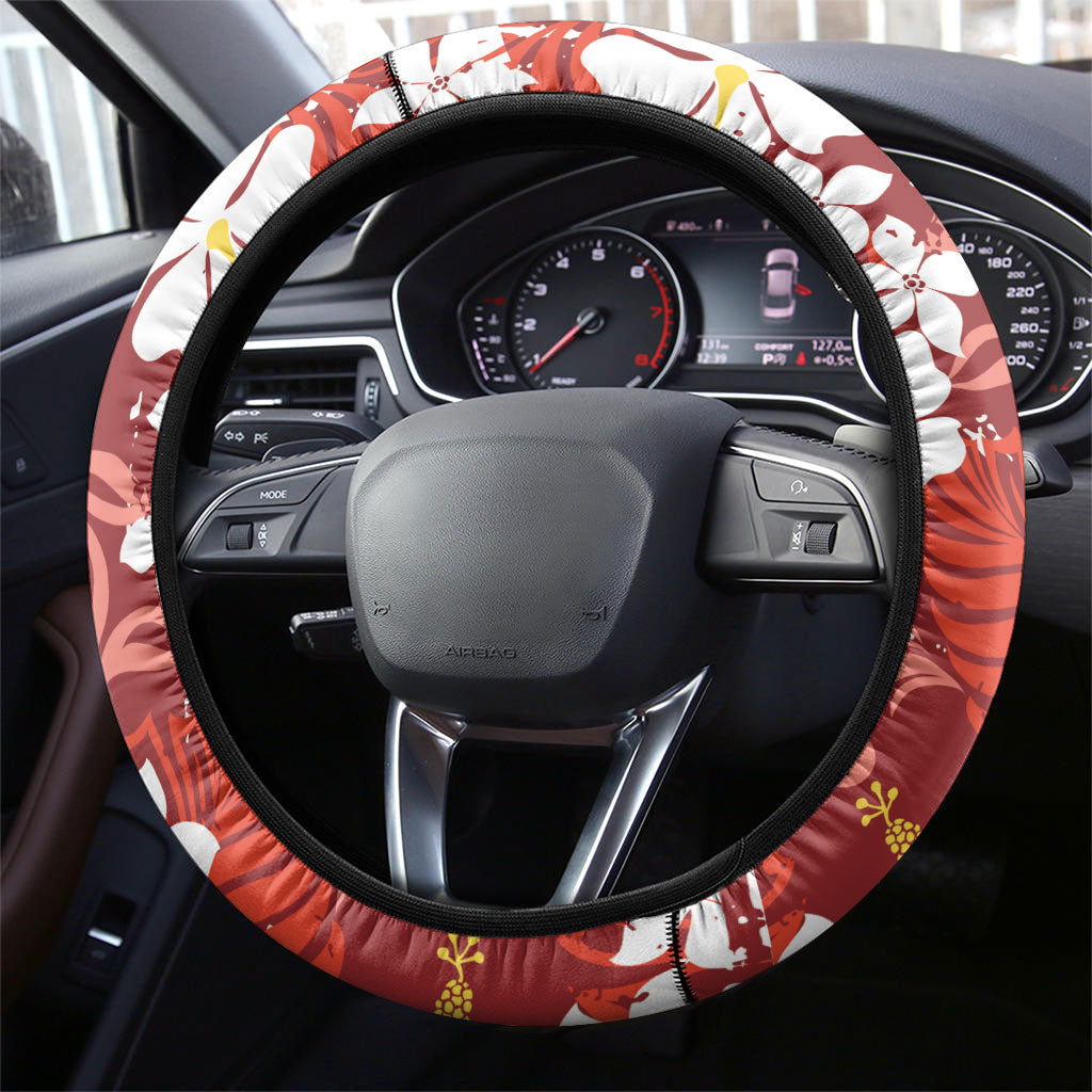 Red Hawaiian Hibiscus Monstera Steering Wheel Cover Grunge Stylized LT01 - Polynesian Pride