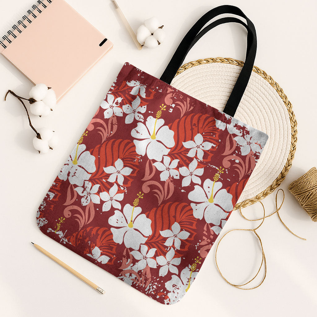 Red Hawaiian Hibiscus Monstera Tote Bag Grunge Stylized LT01 Black Strap One Size Red - Polynesian Pride