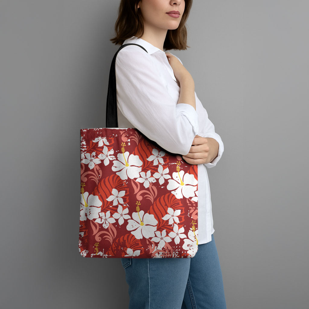 Red Hawaiian Hibiscus Monstera Tote Bag Grunge Stylized LT01 - Polynesian Pride