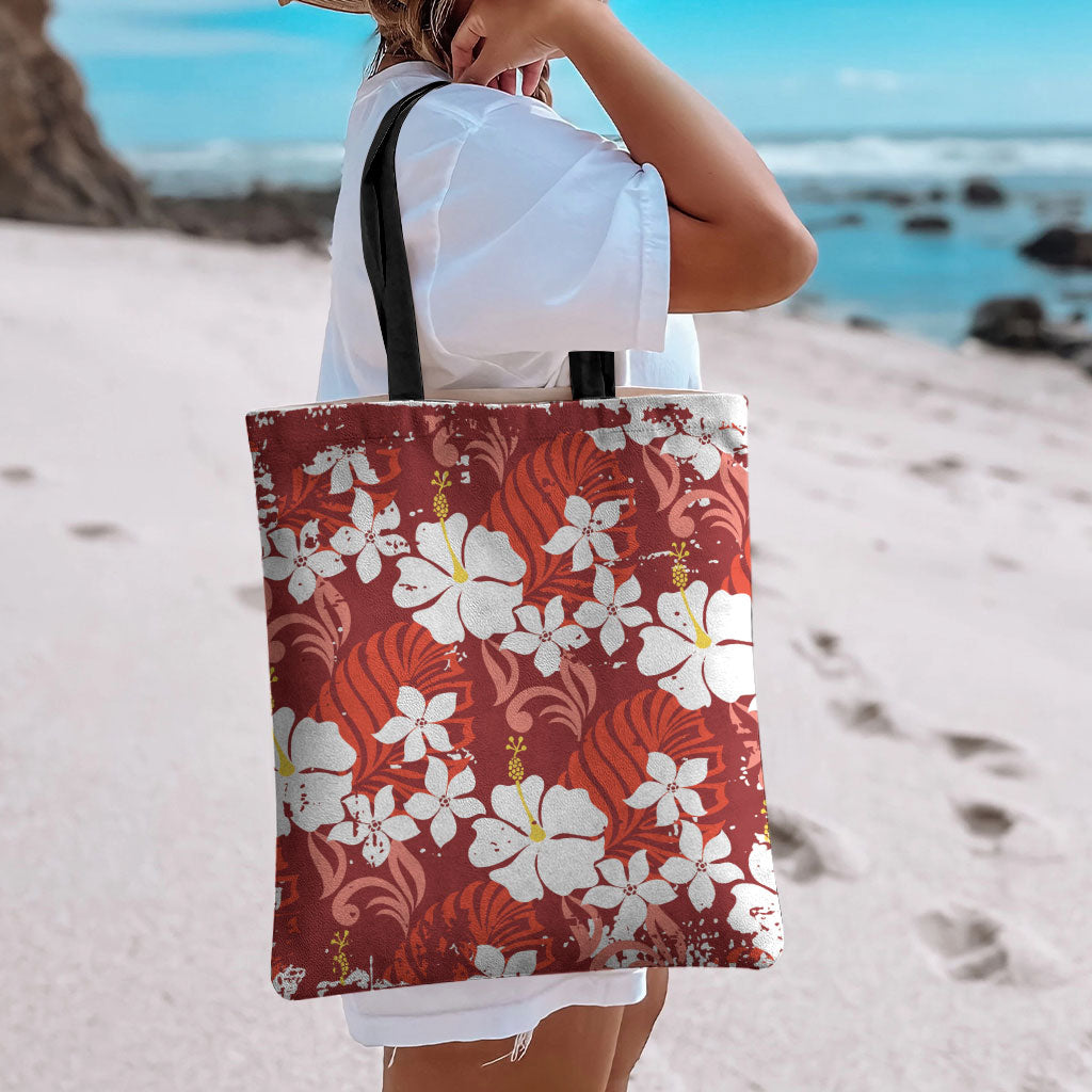 Red Hawaiian Hibiscus Monstera Tote Bag Grunge Stylized LT01 - Polynesian Pride