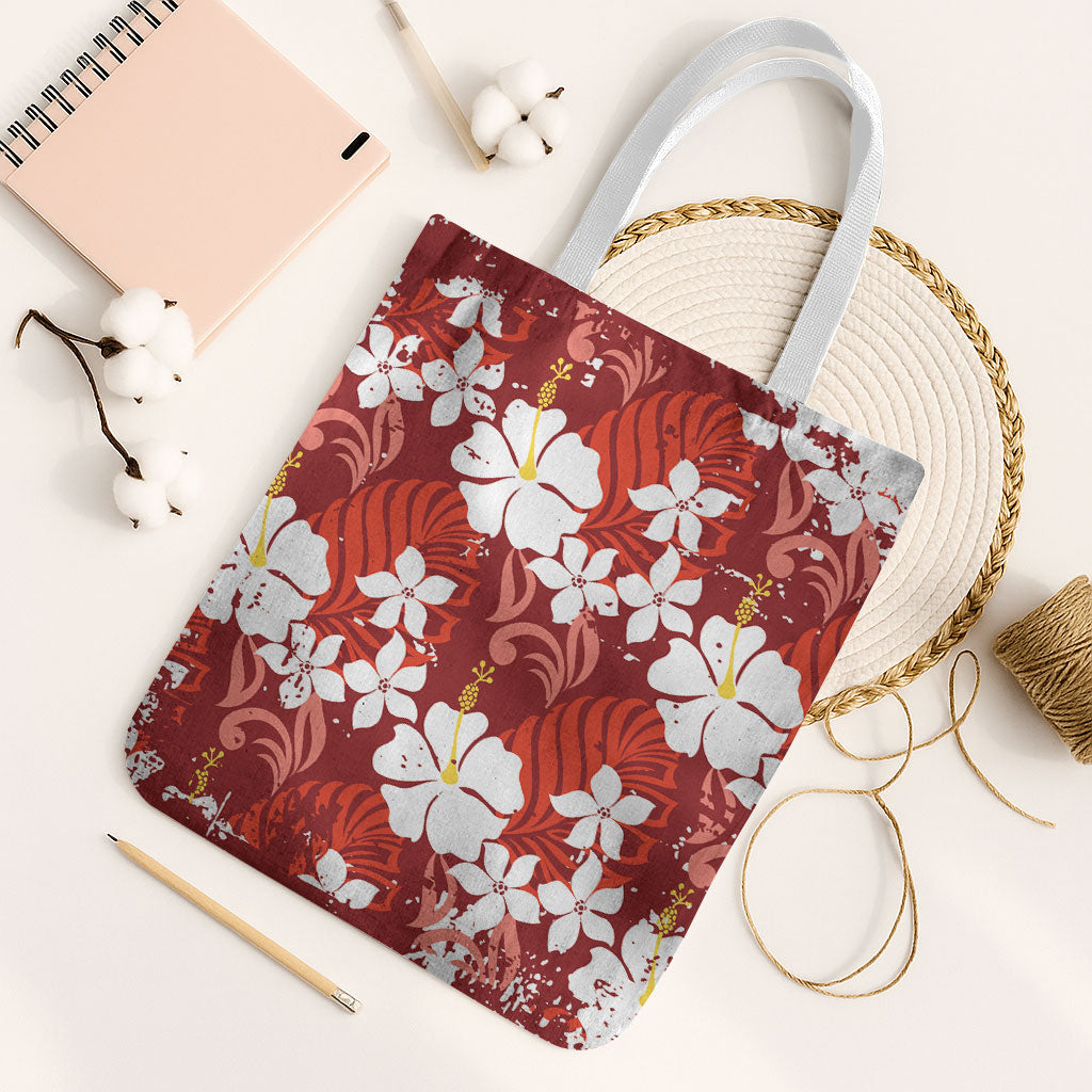 Red Hawaiian Hibiscus Monstera Tote Bag Grunge Stylized LT01 White Strap One Size Red - Polynesian Pride