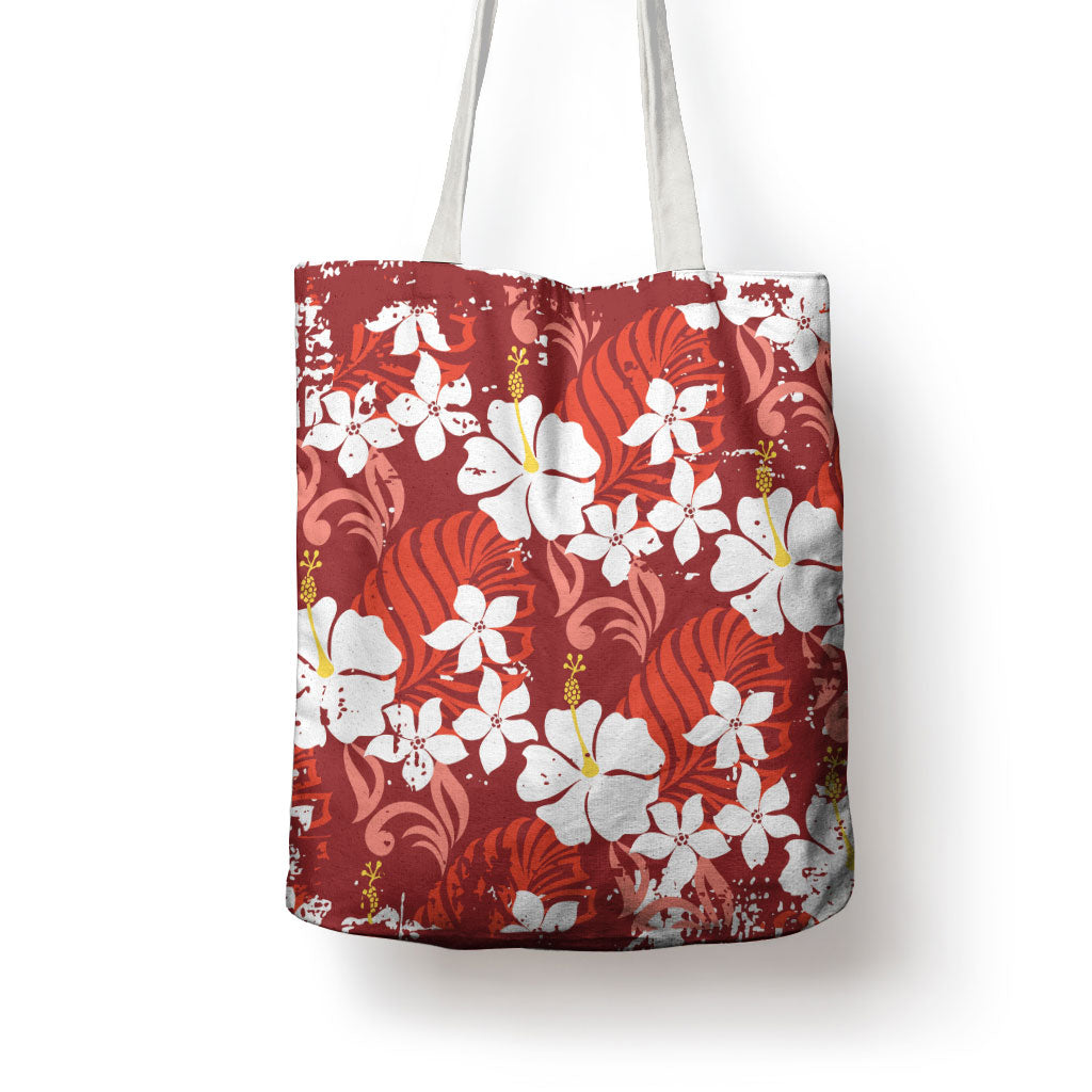 Red Hawaiian Hibiscus Monstera Tote Bag Grunge Stylized LT01 - Polynesian Pride