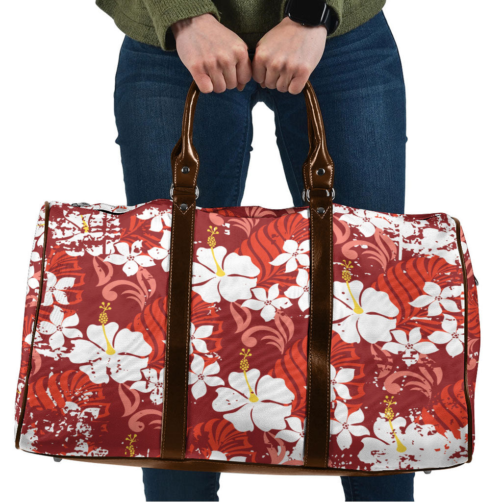 Red Hawaiian Hibiscus Monstera Travel Bag Grunge Stylized LT01 Red - Polynesian Pride