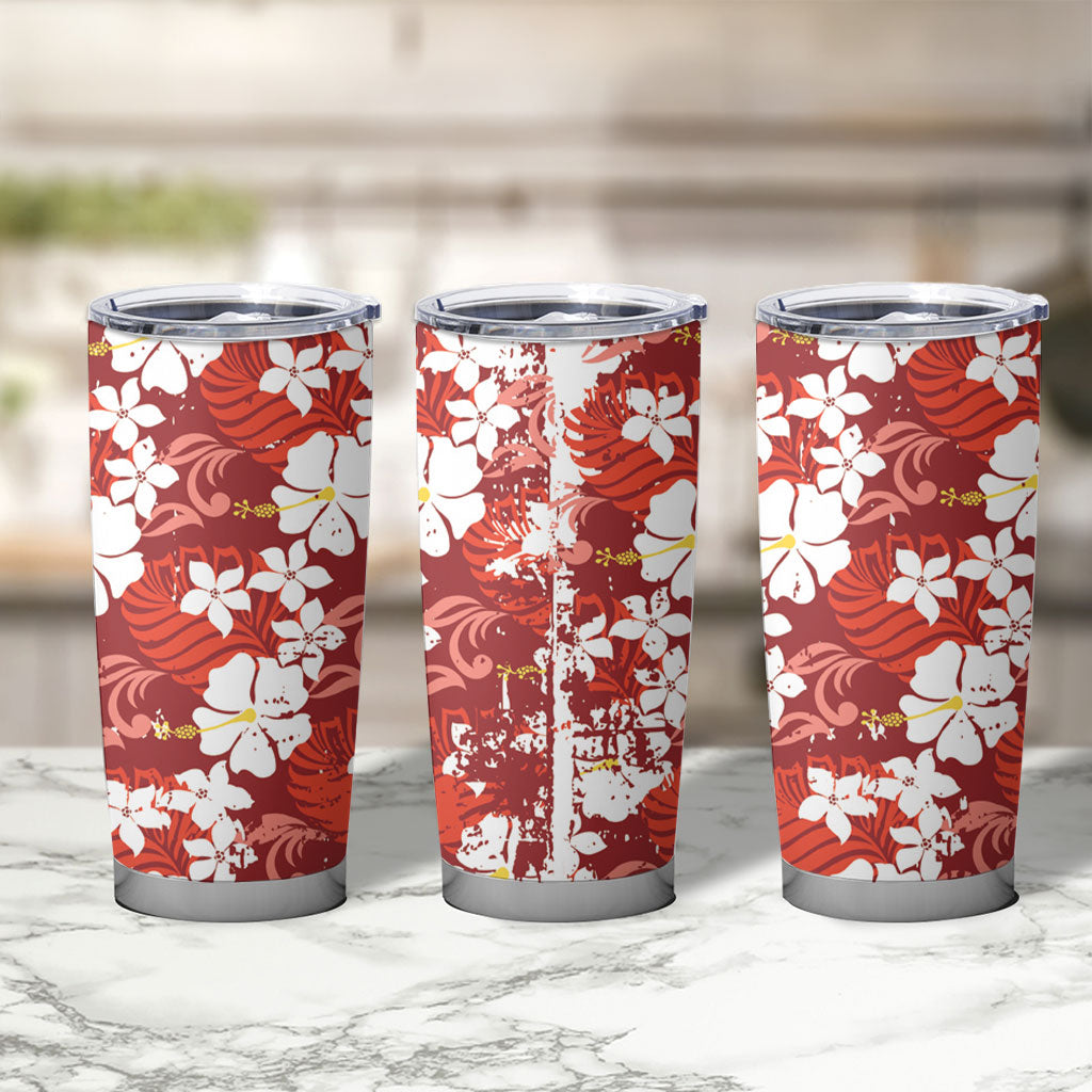 Red Hawaiian Hibiscus Monstera Tumbler Cup Grunge Stylized LT01 - Polynesian Pride