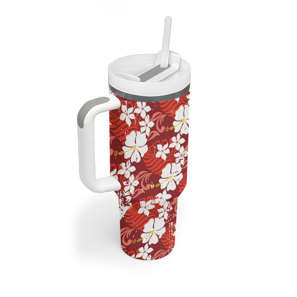 Red Hawaiian Hibiscus Monstera Tumbler With Handle Grunge Stylized LT01 - Polynesian Pride