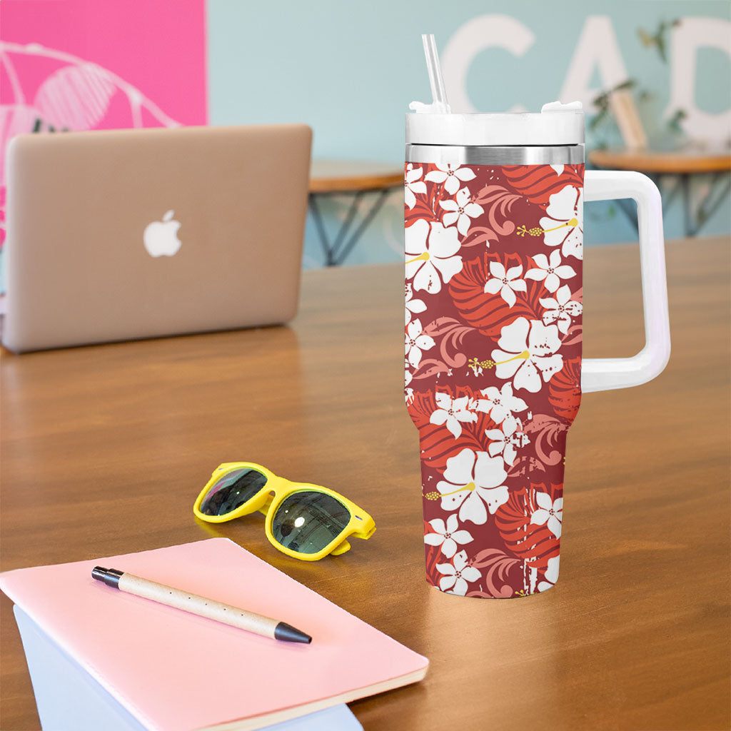 Red Hawaiian Hibiscus Monstera Tumbler With Handle Grunge Stylized LT01 - Polynesian Pride