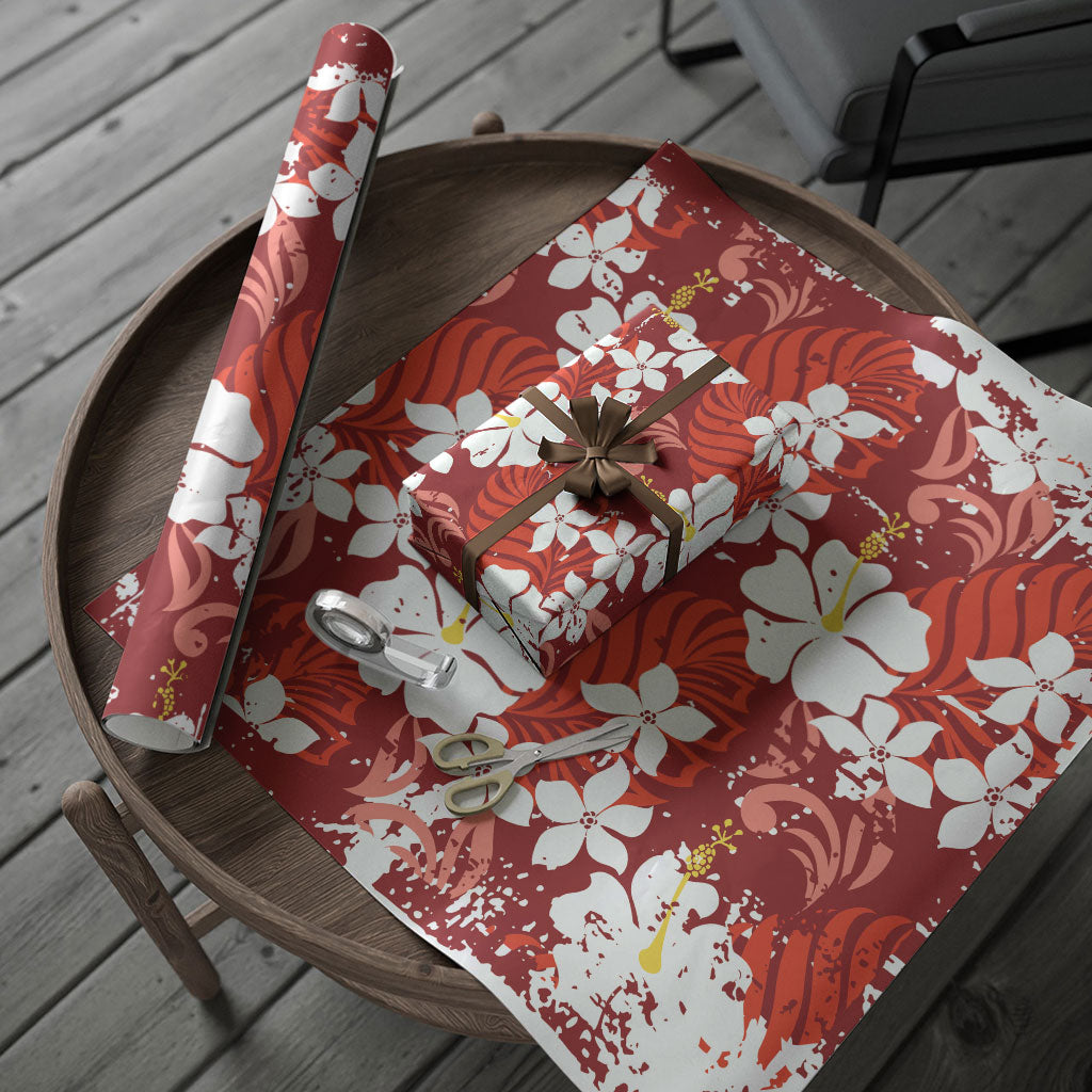 Red Hawaiian Hibiscus Monstera Wrapping Paper Grunge Stylized LT01 - Polynesian Pride
