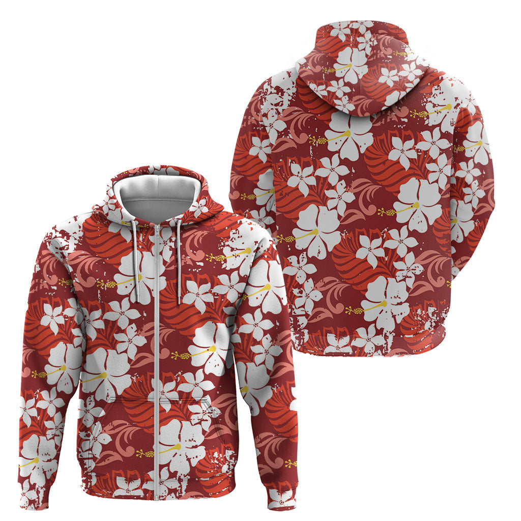 Red Hawaiian Hibiscus Monstera Zip Hoodie Grunge Stylized LT01 - Polynesian Pride