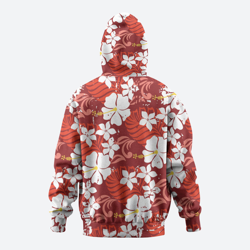 Red Hawaiian Hibiscus Monstera Zip Hoodie Grunge Stylized LT01 - Polynesian Pride