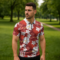Red Hawaiian Hibiscus Monstera Zipper Polo Shirt Grunge Stylized LT01 - Polynesian Pride