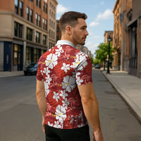 Red Hawaiian Hibiscus Monstera Zipper Polo Shirt Grunge Stylized LT01 - Polynesian Pride