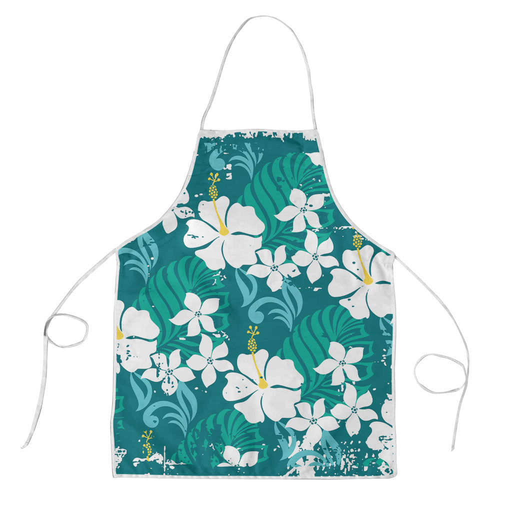 Teal Hawaiian Hibiscus Monstera Apron Grunge Stylized LT01 Teal - Polynesian Pride