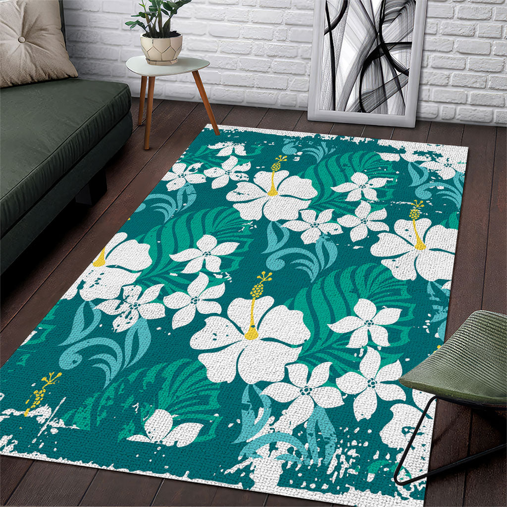 Teal Hawaiian Hibiscus Monstera Area Rug Grunge Stylized LT01 Teal - Polynesian Pride
