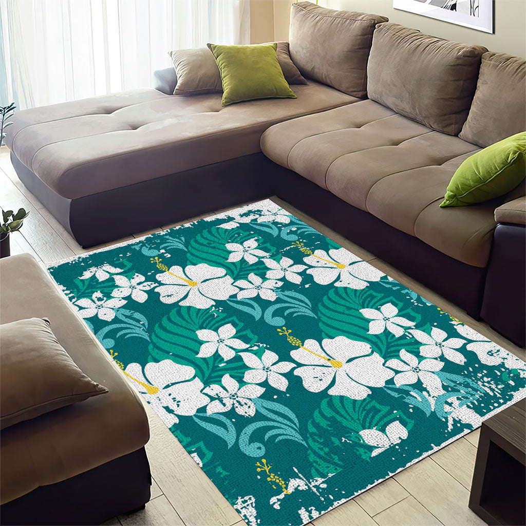 Teal Hawaiian Hibiscus Monstera Area Rug Grunge Stylized LT01 - Polynesian Pride