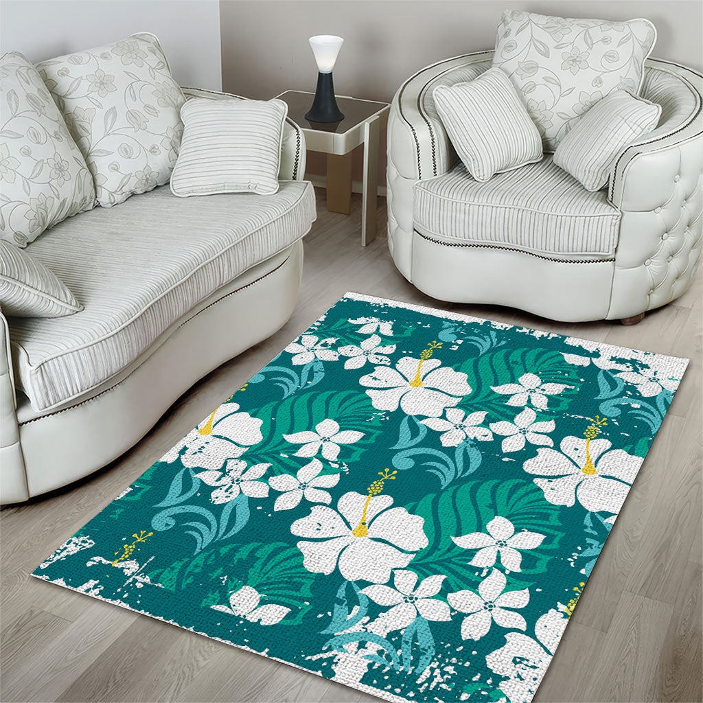 Teal Hawaiian Hibiscus Monstera Area Rug Grunge Stylized LT01 - Polynesian Pride