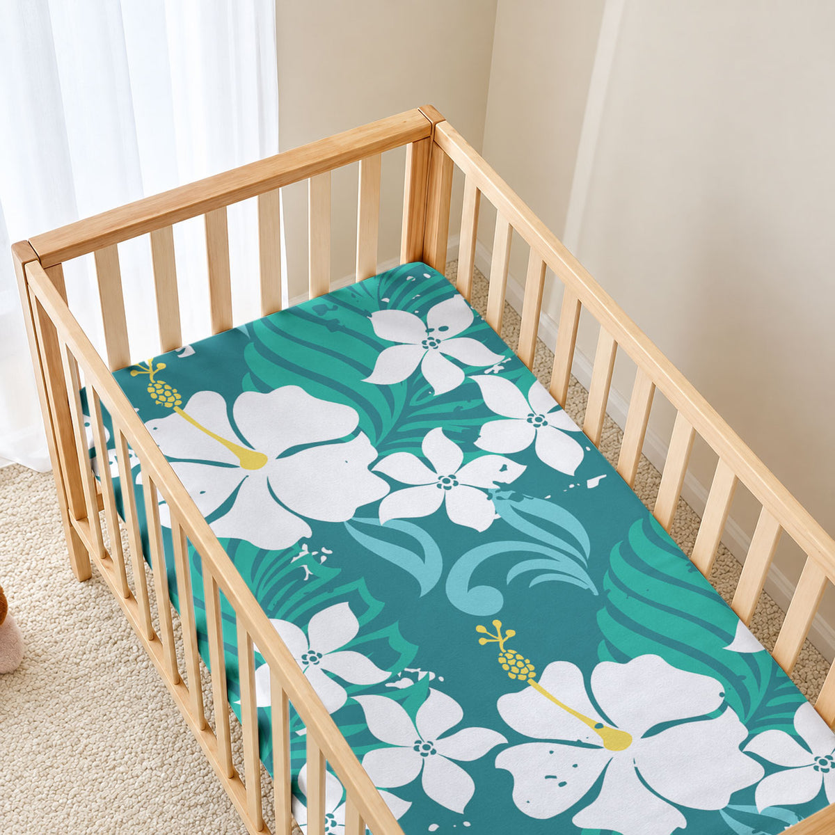 Teal Hawaiian Hibiscus Monstera Baby Bed Cover Grunge Stylized LT01 - Polynesian Pride