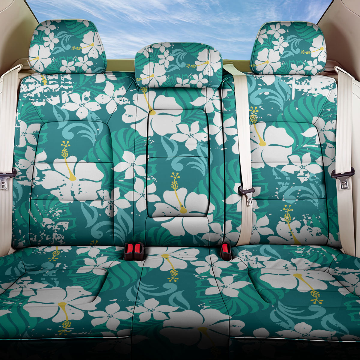 Teal Hawaiian Hibiscus Monstera Back Car Seat Cover Grunge Stylized LT01 One Size Teal - Polynesian Pride