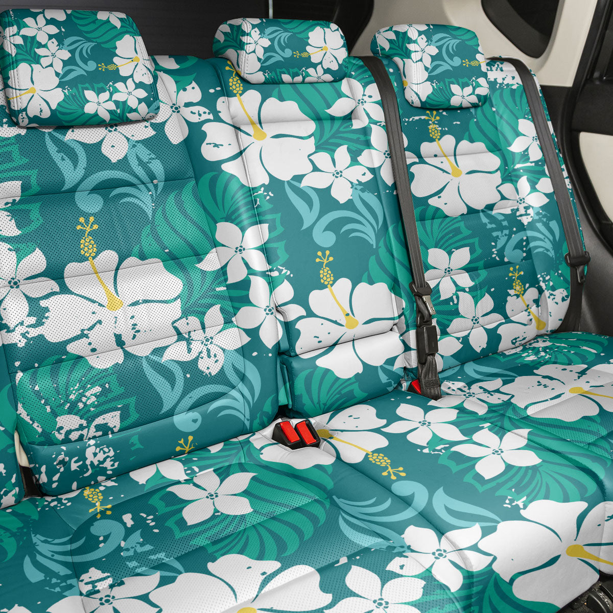 Teal Hawaiian Hibiscus Monstera Back Car Seat Cover Grunge Stylized LT01 - Polynesian Pride
