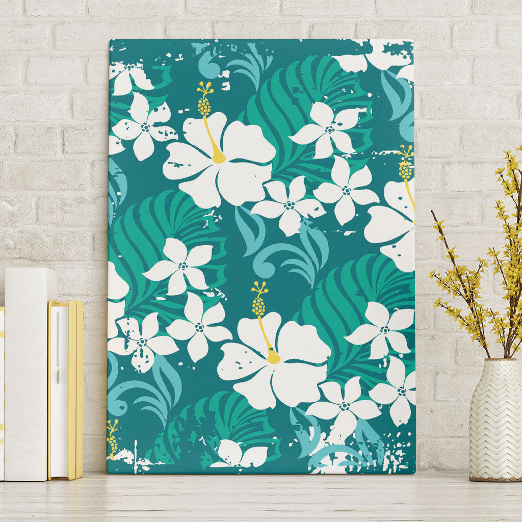 Teal Hawaiian Hibiscus Monstera Canvas Wall Art Grunge Stylized LT01 Without Frame Teal - Polynesian Pride