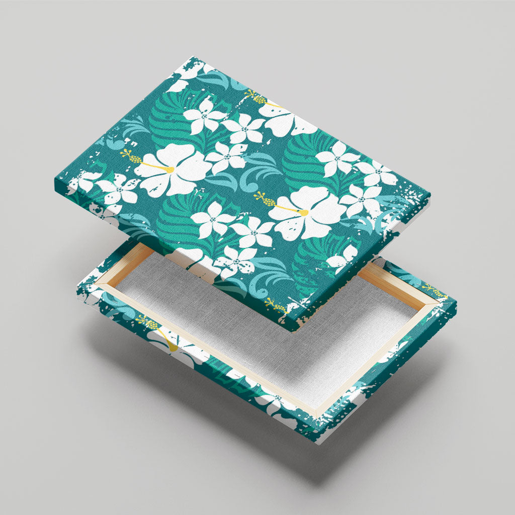 Teal Hawaiian Hibiscus Monstera Canvas Wall Art Grunge Stylized LT01 - Polynesian Pride