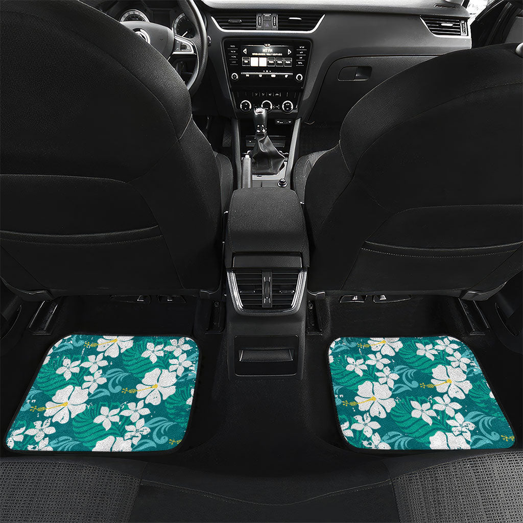 Teal Hawaiian Hibiscus Monstera Car Mats Grunge Stylized LT01 Set 2pcs - Back Teal - Polynesian Pride