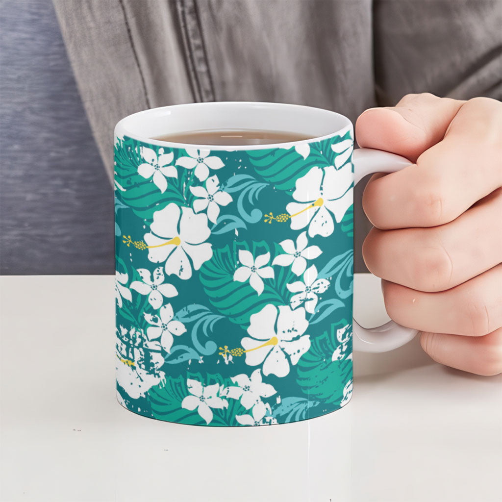 Teal Hawaiian Hibiscus Monstera Ceramic Mug Grunge Stylized LT01 - Polynesian Pride