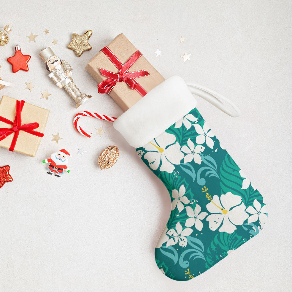 Teal Hawaiian Hibiscus Monstera Christmas Stocking Grunge Stylized LT01 - Polynesian Pride