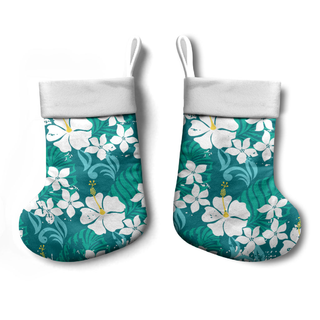 Teal Hawaiian Hibiscus Monstera Christmas Stocking Grunge Stylized LT01 - Polynesian Pride
