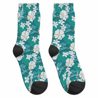 Teal Hawaiian Hibiscus Monstera Crew Socks Grunge Stylized LT01 - Polynesian Pride