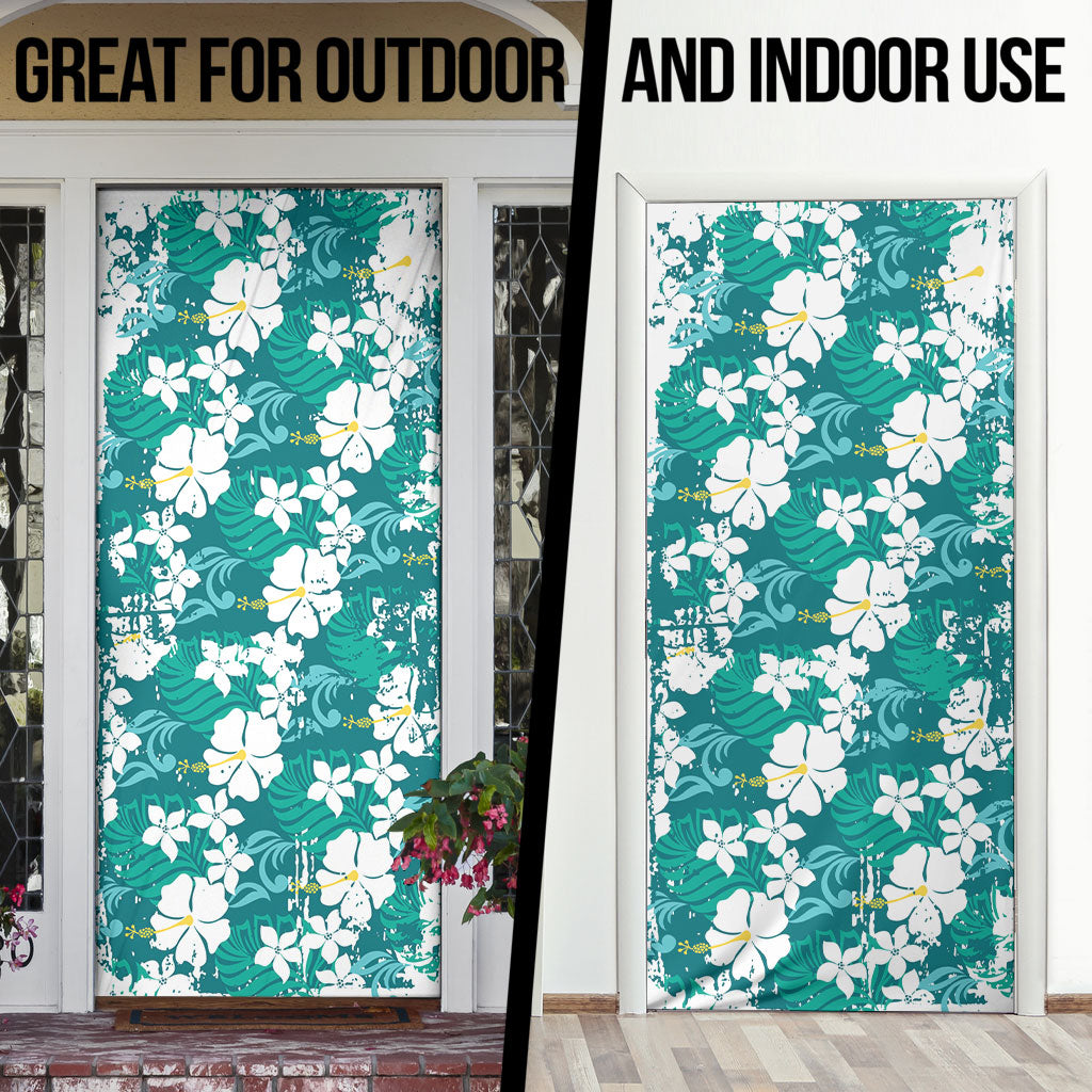 Teal Hawaiian Hibiscus Monstera Door Cover Grunge Stylized LT01 - Polynesian Pride