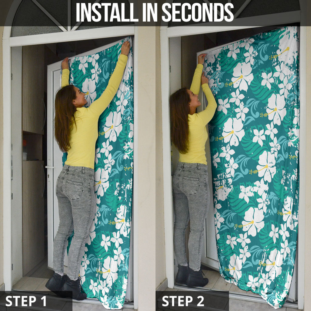 Teal Hawaiian Hibiscus Monstera Door Cover Grunge Stylized LT01 - Polynesian Pride