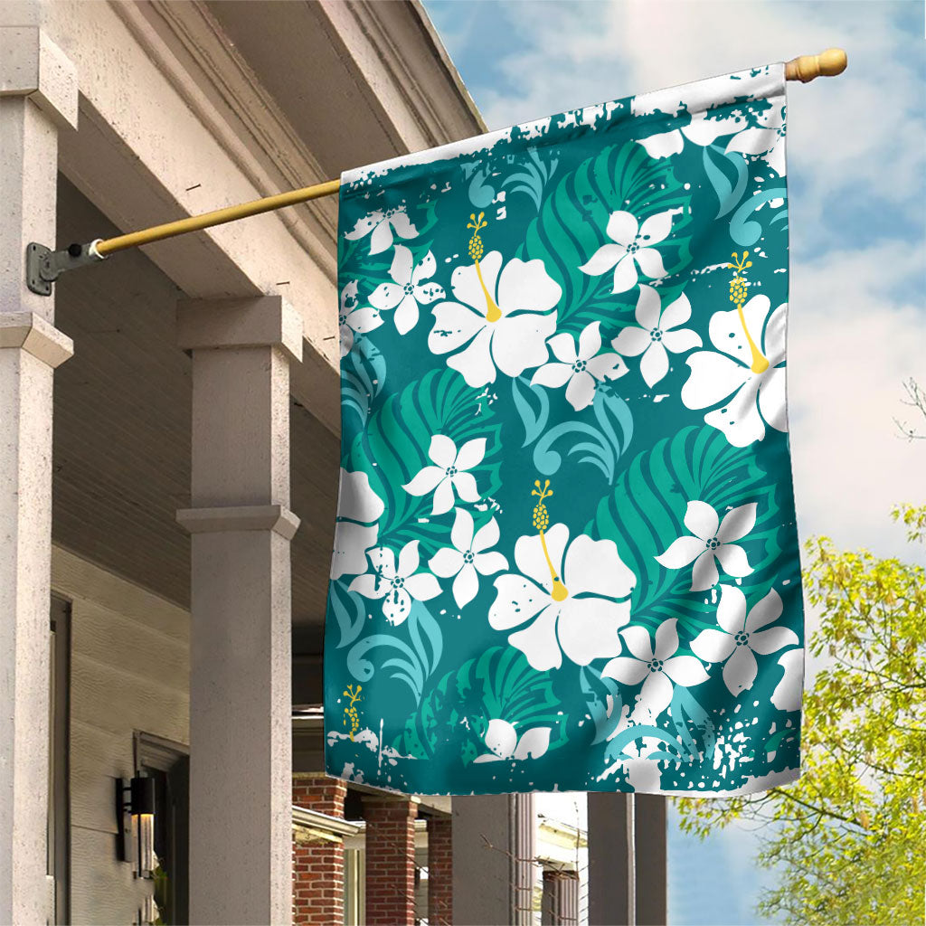 Teal Hawaiian Hibiscus Monstera Garden Flag Grunge Stylized LT01 House Flag Teal - Polynesian Pride
