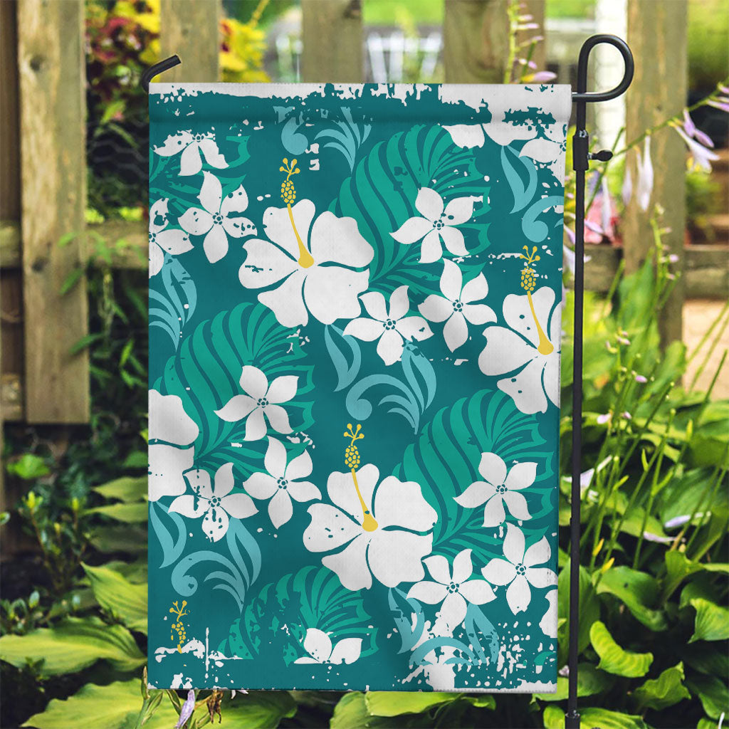 Teal Hawaiian Hibiscus Monstera Garden Flag Grunge Stylized LT01 Garden Flag Teal - Polynesian Pride