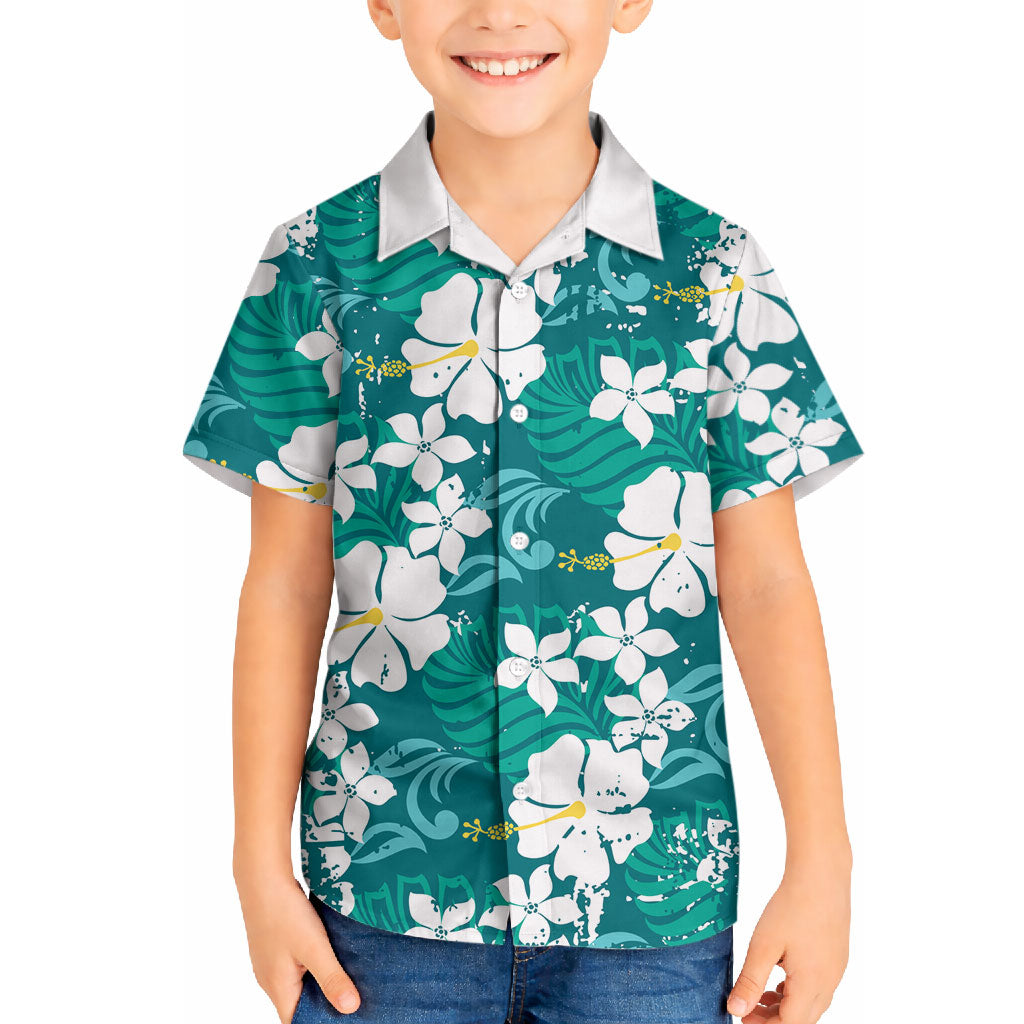 Teal Hawaiian Hibiscus Monstera Hawaiian Shirt Grunge Stylized LT01 - Polynesian Pride