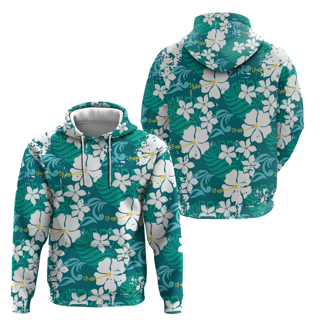Teal Hawaiian Hibiscus Monstera Hoodie Grunge Stylized LT01 - Polynesian Pride