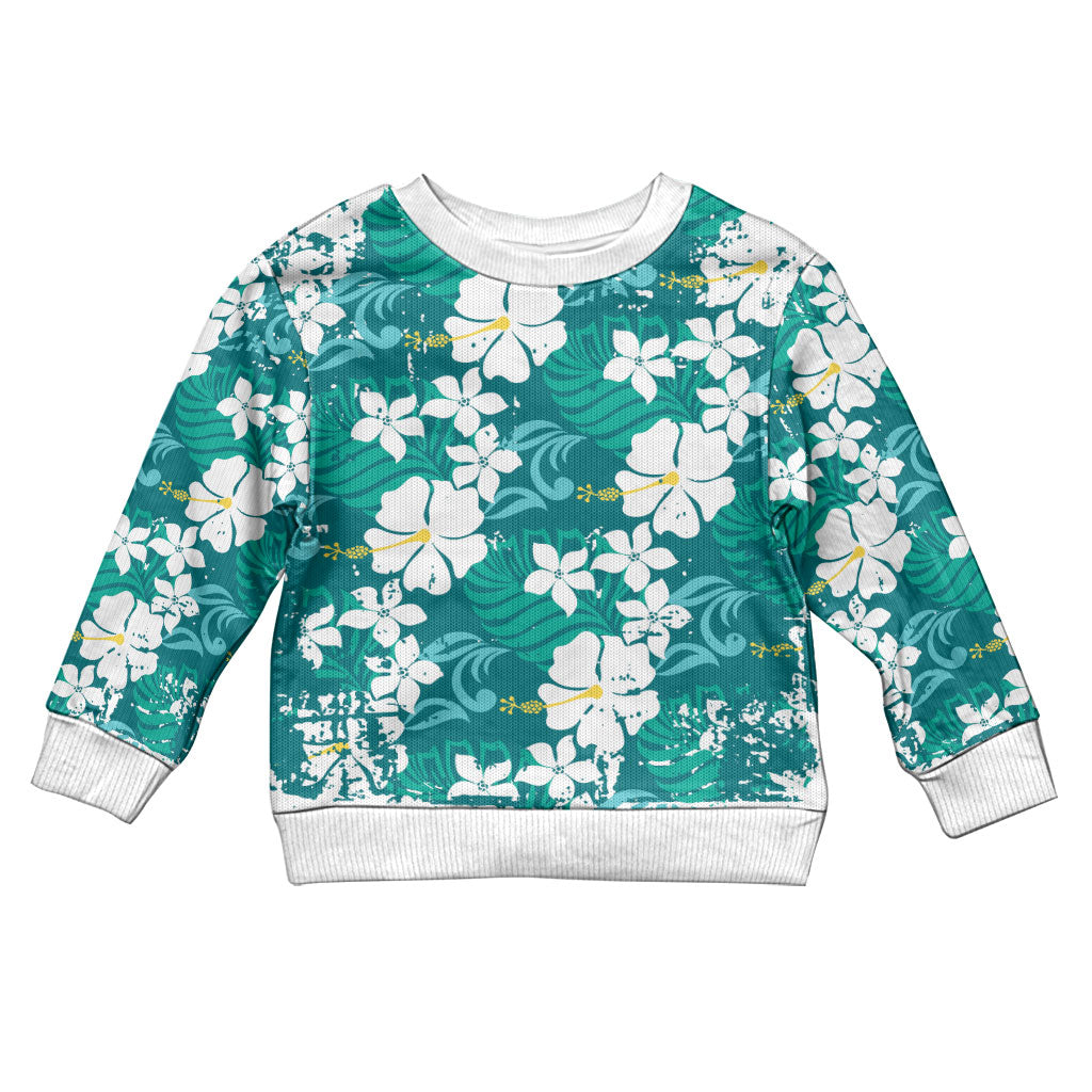 Teal Hawaiian Hibiscus Monstera Kid Ugly Christmas Sweater Grunge Stylized LT01 Kid Teal - Polynesian Pride