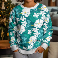 Teal Hawaiian Hibiscus Monstera Kid Ugly Christmas Sweater Grunge Stylized LT01 - Polynesian Pride