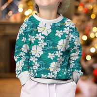 Teal Hawaiian Hibiscus Monstera Kid Ugly Christmas Sweater Grunge Stylized LT01 - Polynesian Pride