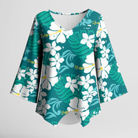 Teal Hawaiian Hibiscus Monstera Kimono Sleeve Blouse Grunge Stylized LT01 Female Teal - Polynesian Pride