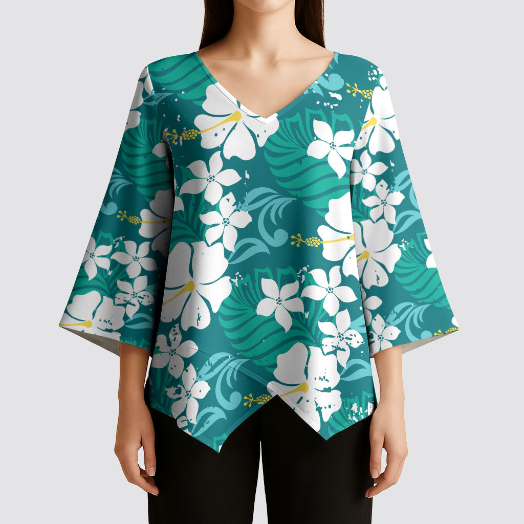 Teal Hawaiian Hibiscus Monstera Kimono Sleeve Blouse Grunge Stylized LT01 - Polynesian Pride