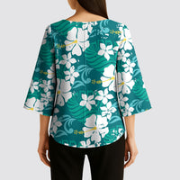 Teal Hawaiian Hibiscus Monstera Kimono Sleeve Blouse Grunge Stylized LT01 - Polynesian Pride