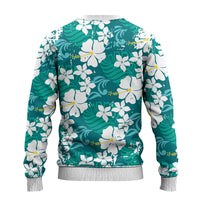 Teal Hawaiian Hibiscus Monstera Ugly Christmas Sweater Grunge Stylized LT01 - Polynesian Pride