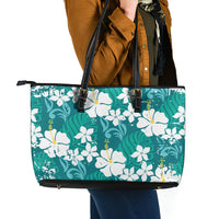 Teal Hawaiian Hibiscus Monstera Leather Tote Bag Grunge Stylized LT01 - Polynesian Pride